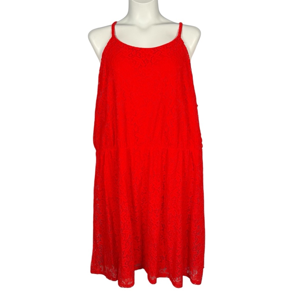 Maurices Mini Dress Size 3X Coral Red Floral Lace Spring Elastic Waist